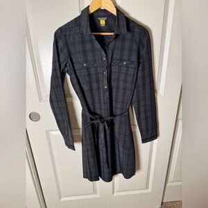 EDDIE BAUER Button Front Stretch Black Plaid Shirt Dress w/ Belt Women's Size M